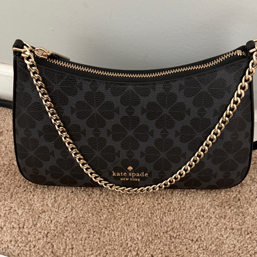 Kate Spade Black Floral Spade Pattern Shoulder Bag With Gold Chain And Cb Strap